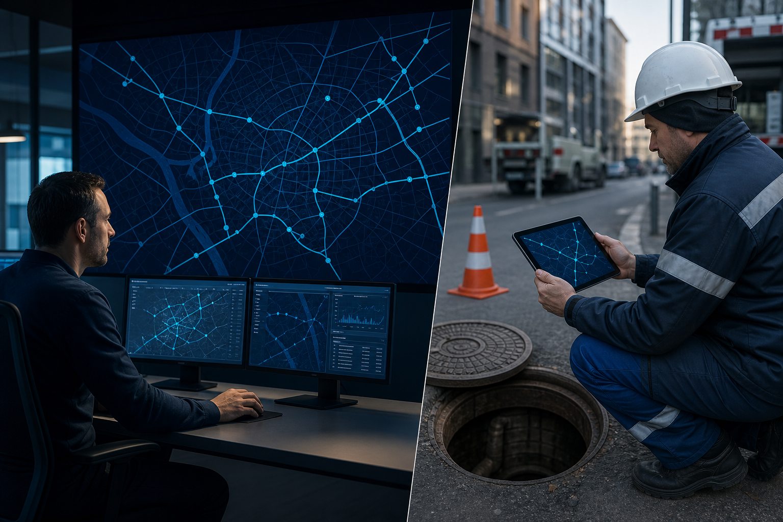 Dispečink s přehledem sítě na obrazovce a technik v terénu se stejnou mapou na tabletu u otevřené šachty.