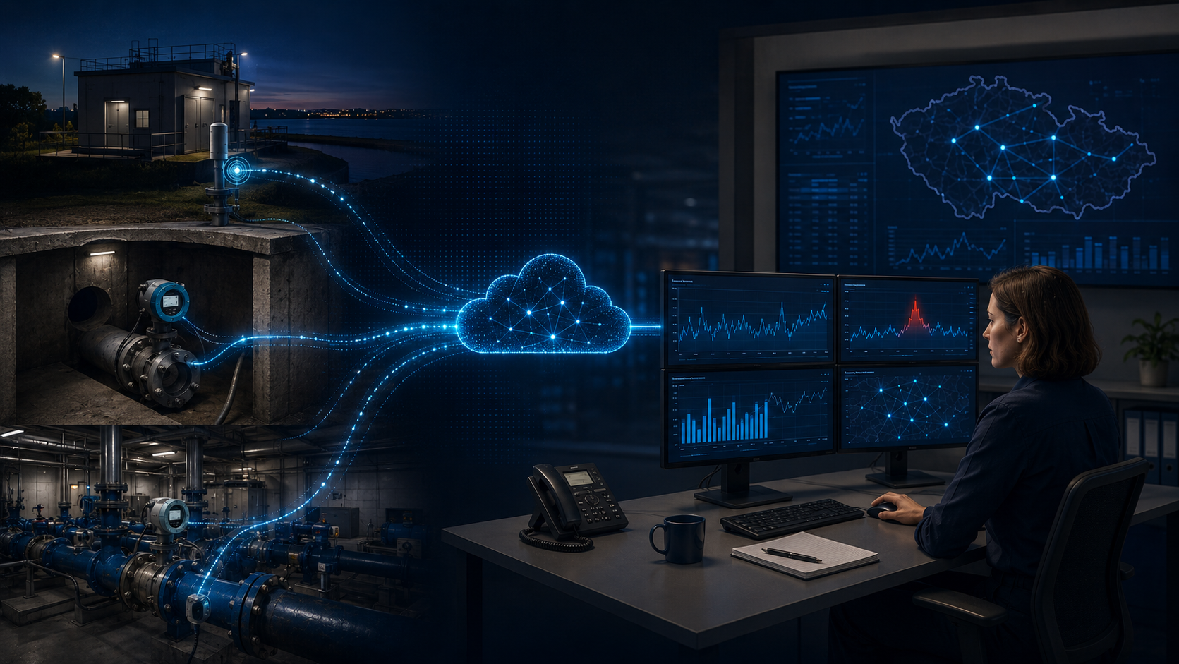 Ilustrace toku provozních dat: měření v terénu a technologii, sběr v platformě IRONSCALE, dashboardy s upozorněním na odchylku a přehled sítě v dispečinku.