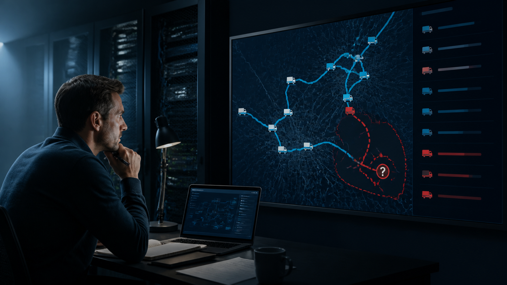 Ilustrace k telematice a zakázkám: IT u propojení jízd a nákladů — dohledání, kde se rozcházejí provoz a telematická data.