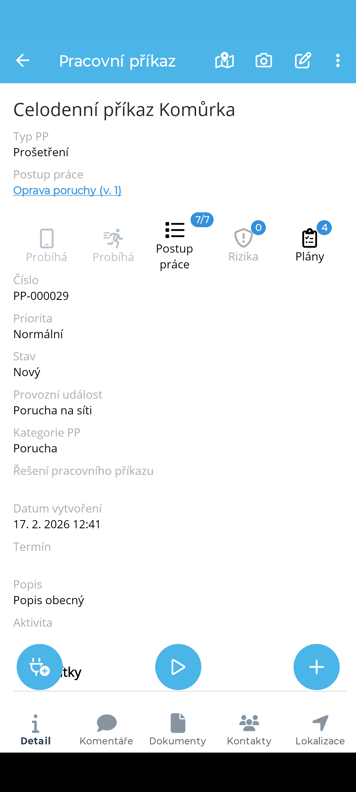 Detail pracovního příkazu v mobilním klientu PRIS