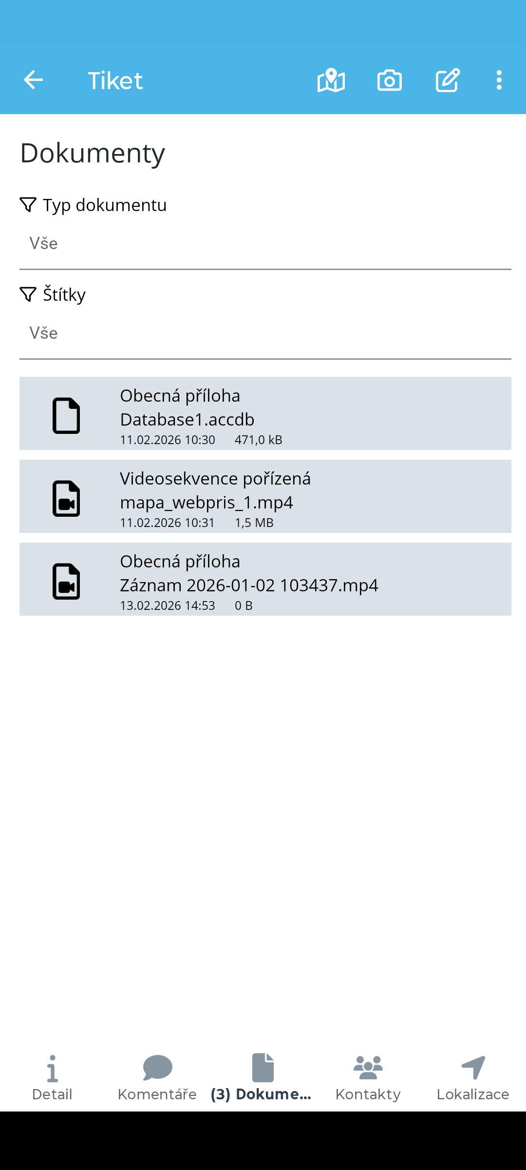 Fotodokumentace a přílohy u požadavku v mobilním klientu PRIS
