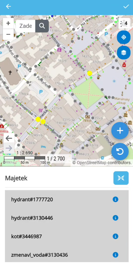 Výběr majetku v mapě mobilního klienta PRIS po identifikaci objektu