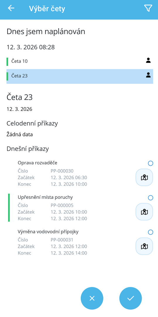 Obrazovka mobilního klienta PRIS s výběrem čety před začátkem směny