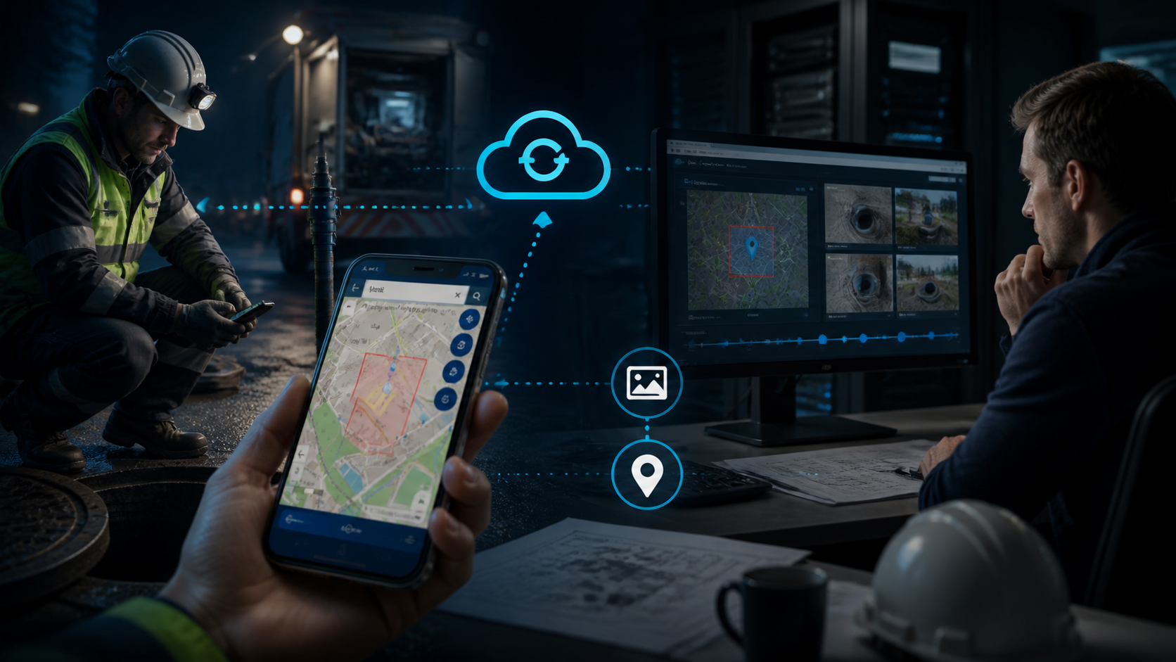 Snímek mobilní aplikace PRIS v terénu: v popředí telefon s mapou a vyznačenou oblastí, v pozadí dva technici v helmách v betonové šachtě s potrubím a osvětlením.