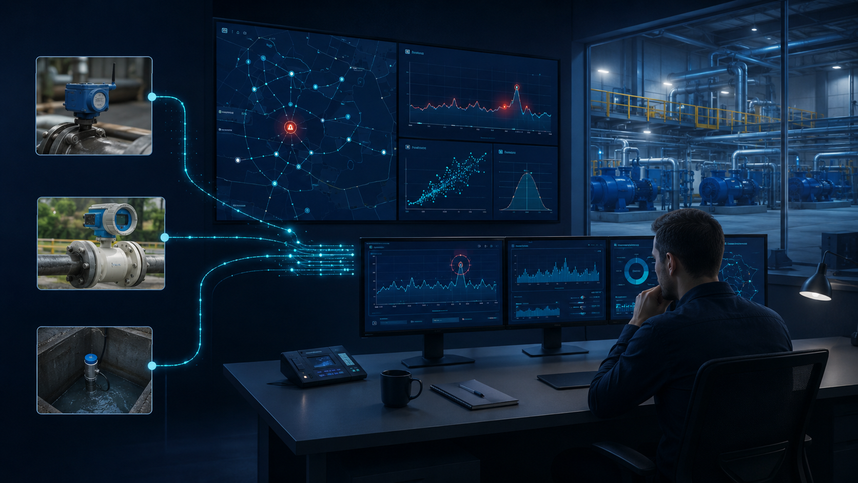 Ilustrace dispečinku IRONSCALE: operátor u monitorů s grafy a mapou sítě, vlevo senzory a průtokoměry propojené datovými linkami, vpravo okno do technologické místnosti s potrubím.