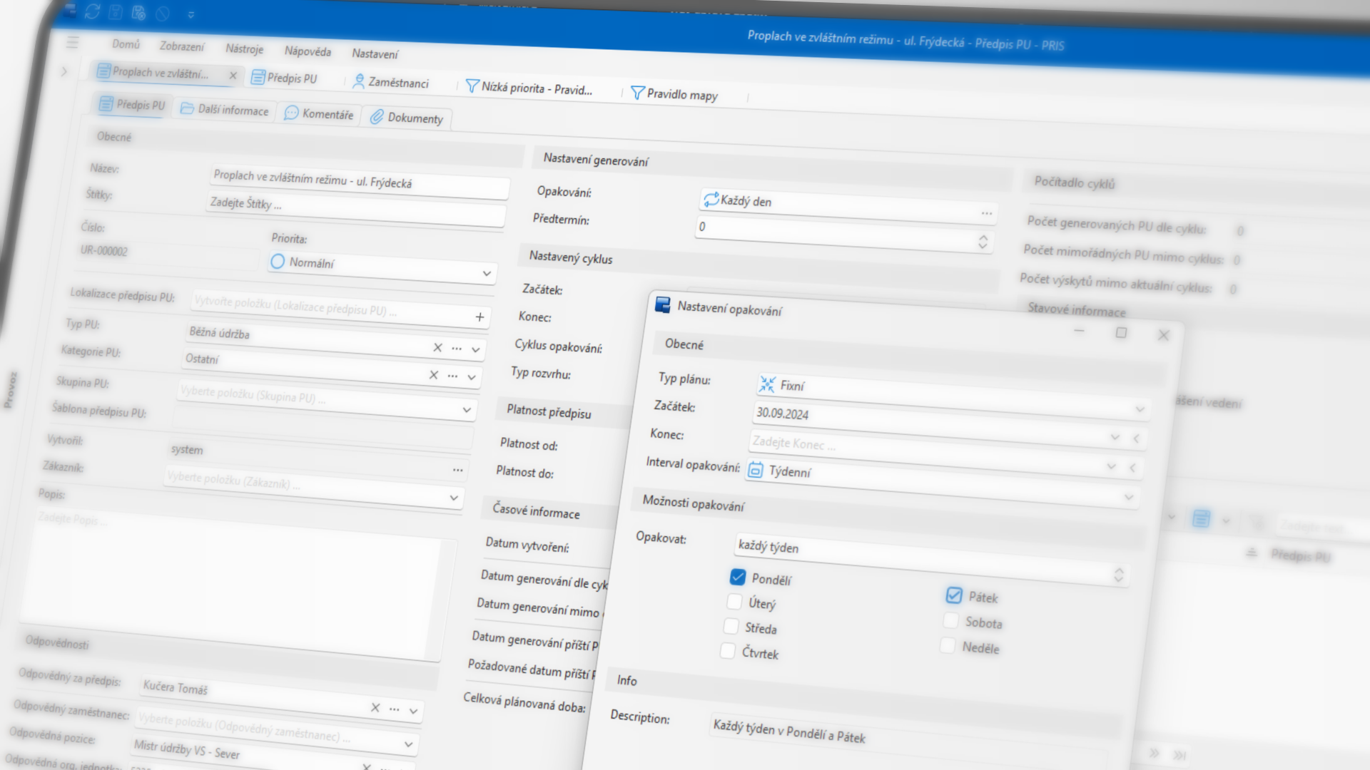 Snímek desktopové aplikace PRIS: formulář předpisu plánované údržby s nastavením opakování cyklu.