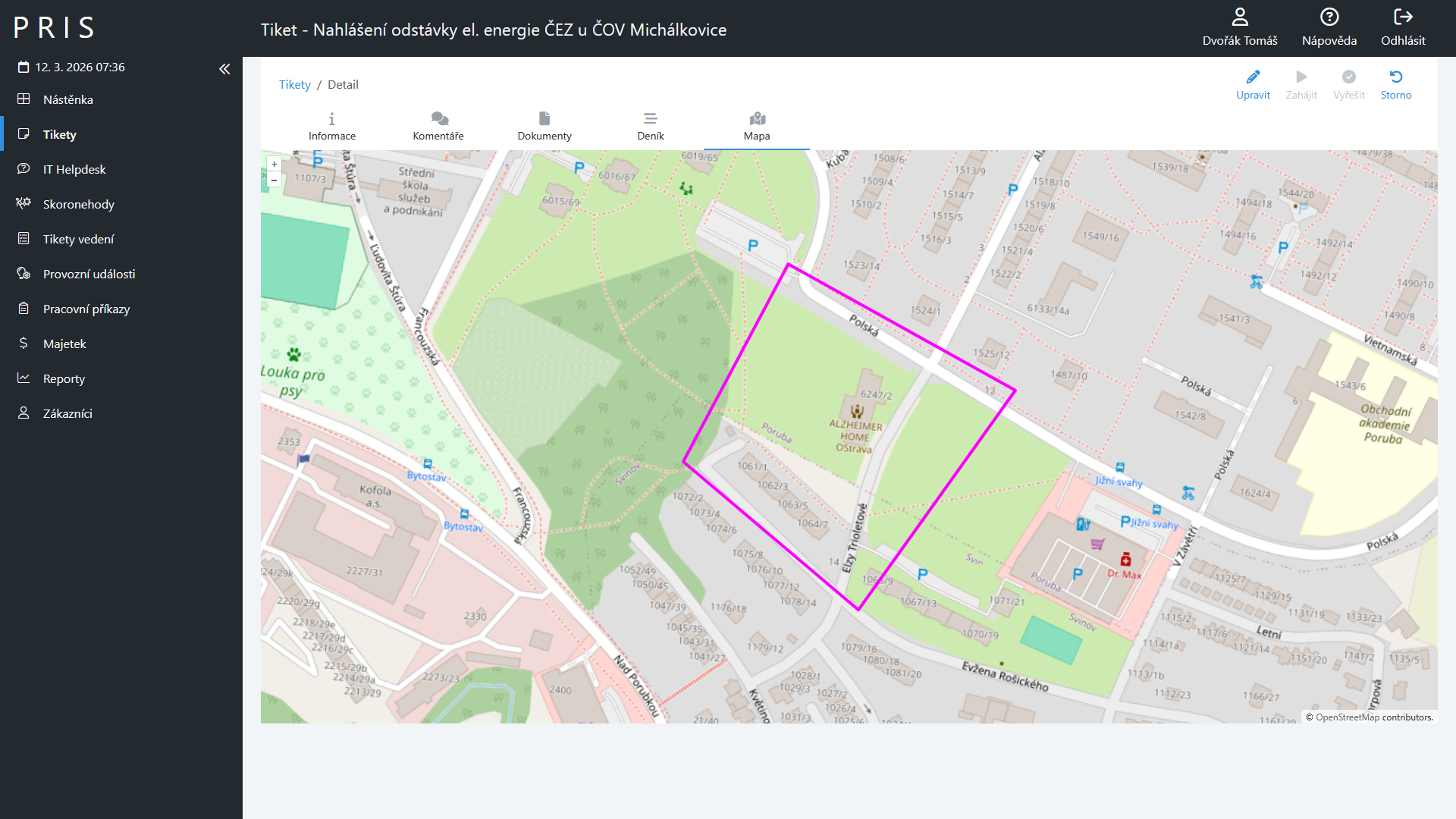 Mapa u detailu požadavku v PRIS Web